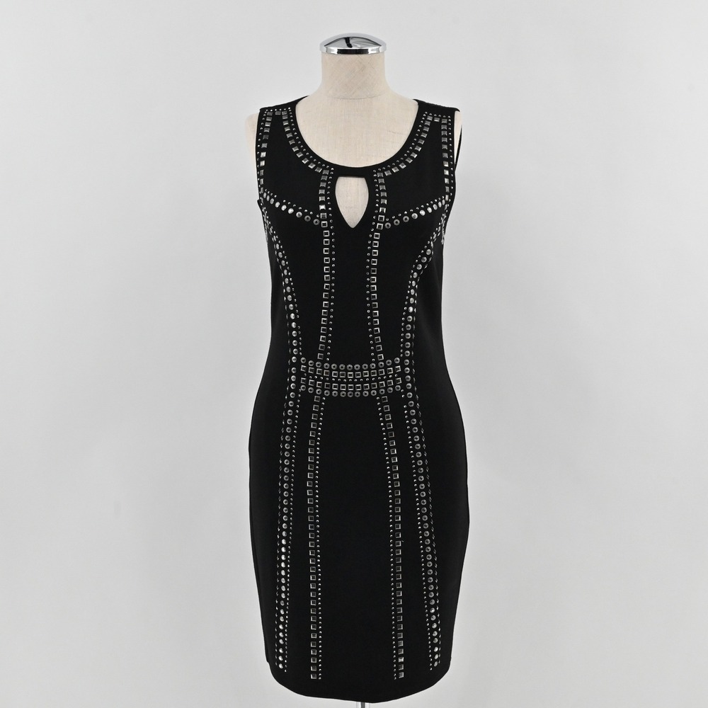 Carmen Marc Valvo Studded Sheath Dress Womens Size XS Black Keyhole Cocktail